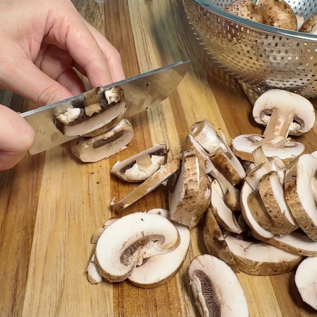 Ein Stapel frischer Champignons, die mit einem Küchenmesser in dünne, gleichmäßige Scheiben geschnitten werden.