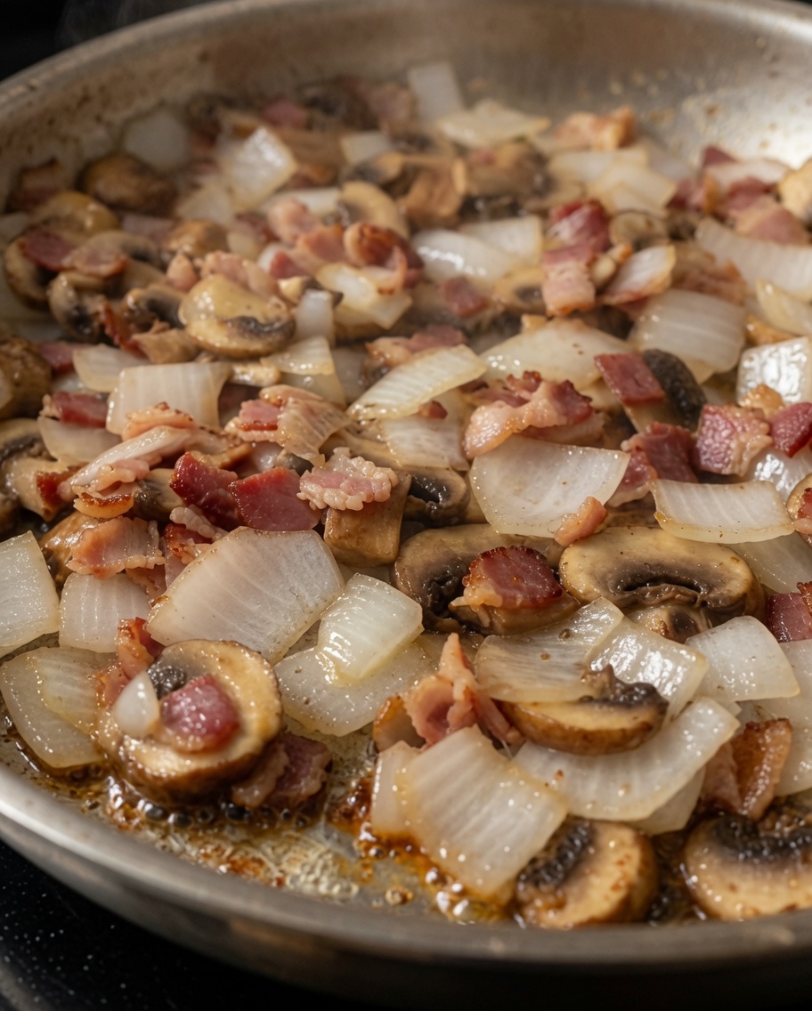 Reiche Alfredo-Soße wird in eine Pfanne mit angebratenem Speck, Champignons und Zwiebeln gegossen.