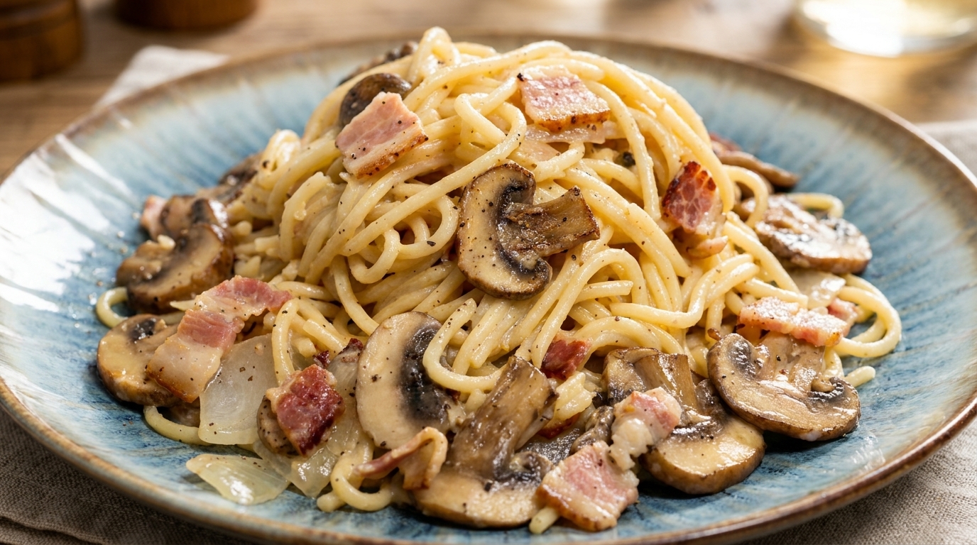 Cremige Pasta mit Speck und Champignons