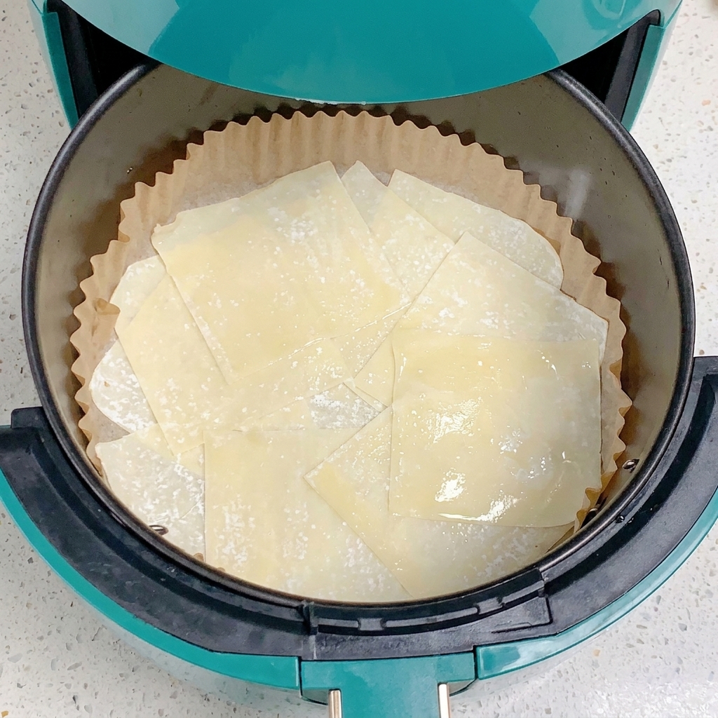Eine Schicht Wonton-Teigblätter glänzt mit einer dünnen Ölschicht im Air-Fryer-Korb.