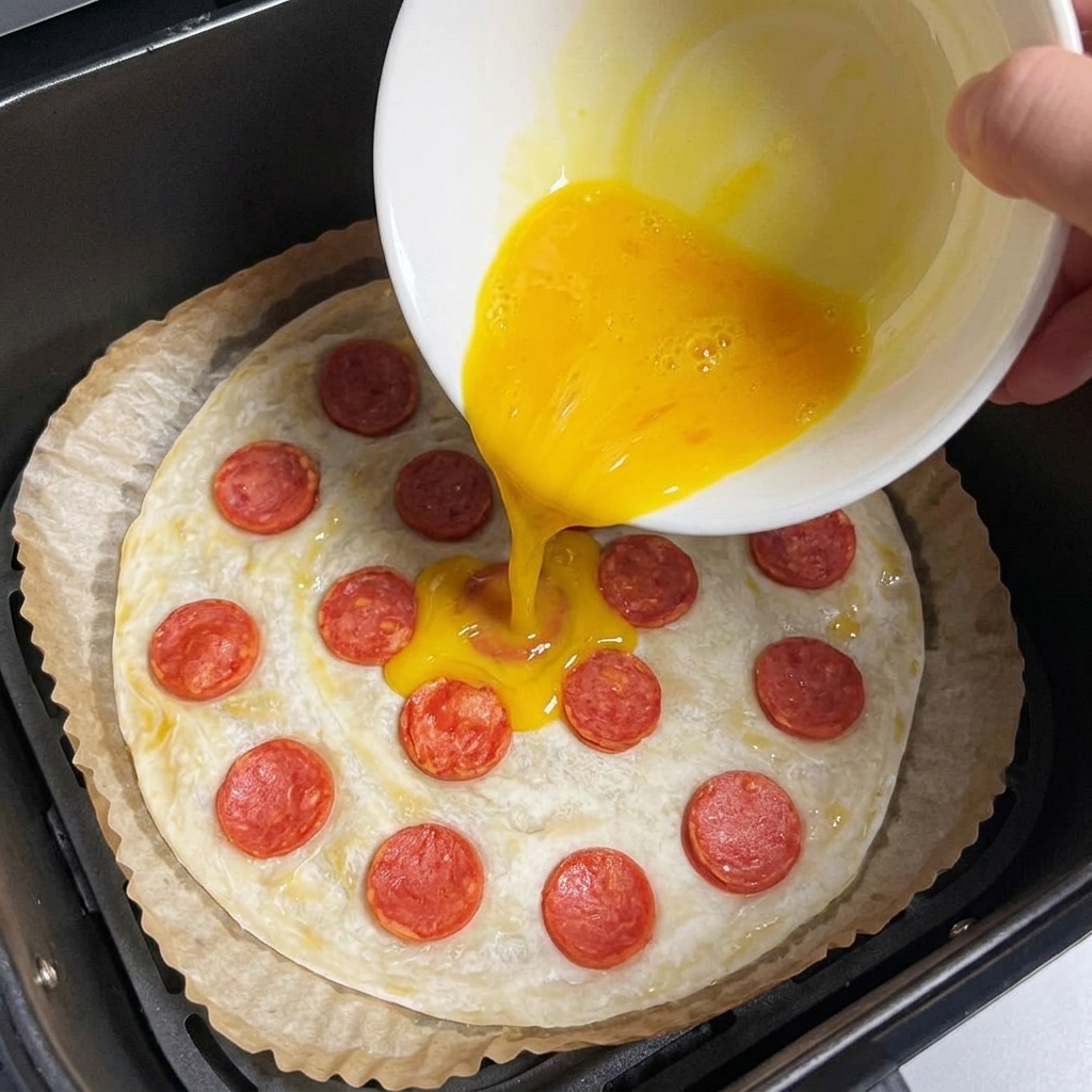 Eiermischung wird aus einer Schüssel auf einen mit Wurst belegten Frühlingszwiebel-Pfannkuchen gegossen.