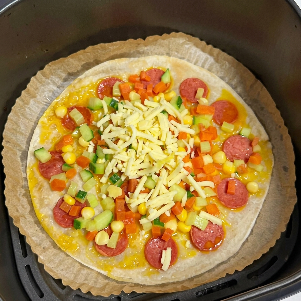 Eine Frühlingszwiebel-Pfannkuchen-Pizza, belegt mit frischem Gemüse und einer dicken Schicht geriebenem Käse.