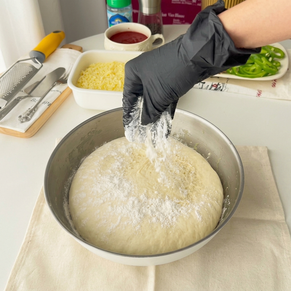 Der Teig wird auf einer bemehlten Arbeitsfläche in zwei Portionen geteilt.