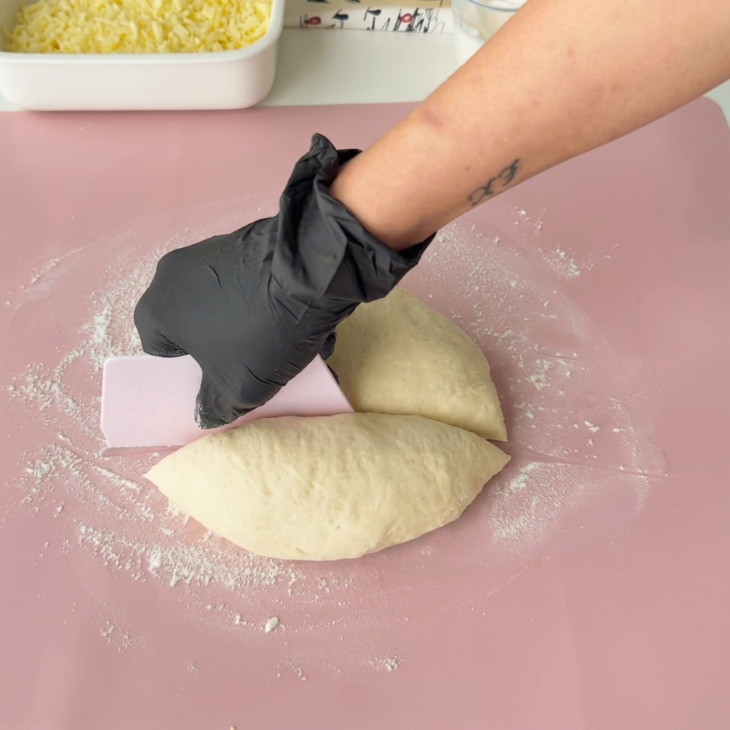 Ein Teil des Pizzateigs wird auf einer Silikonmatte mit einem Nudelholz flach ausgerollt.