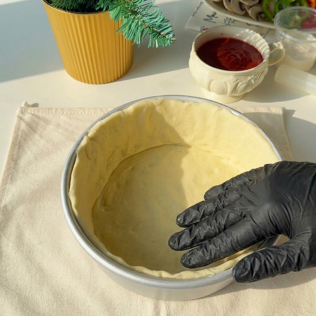 Eine dicke Schicht geriebener Käse wird in der mit Teig ausgekleideten Form verteilt.