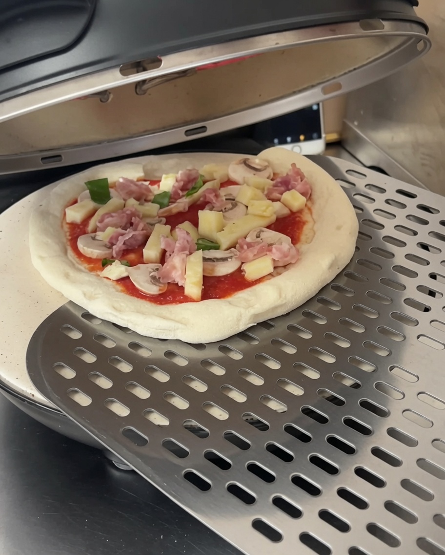 Eine belegte Pizza auf einem Metallschieber wird in einen offenen schwarzen Pizzaofen geschoben.