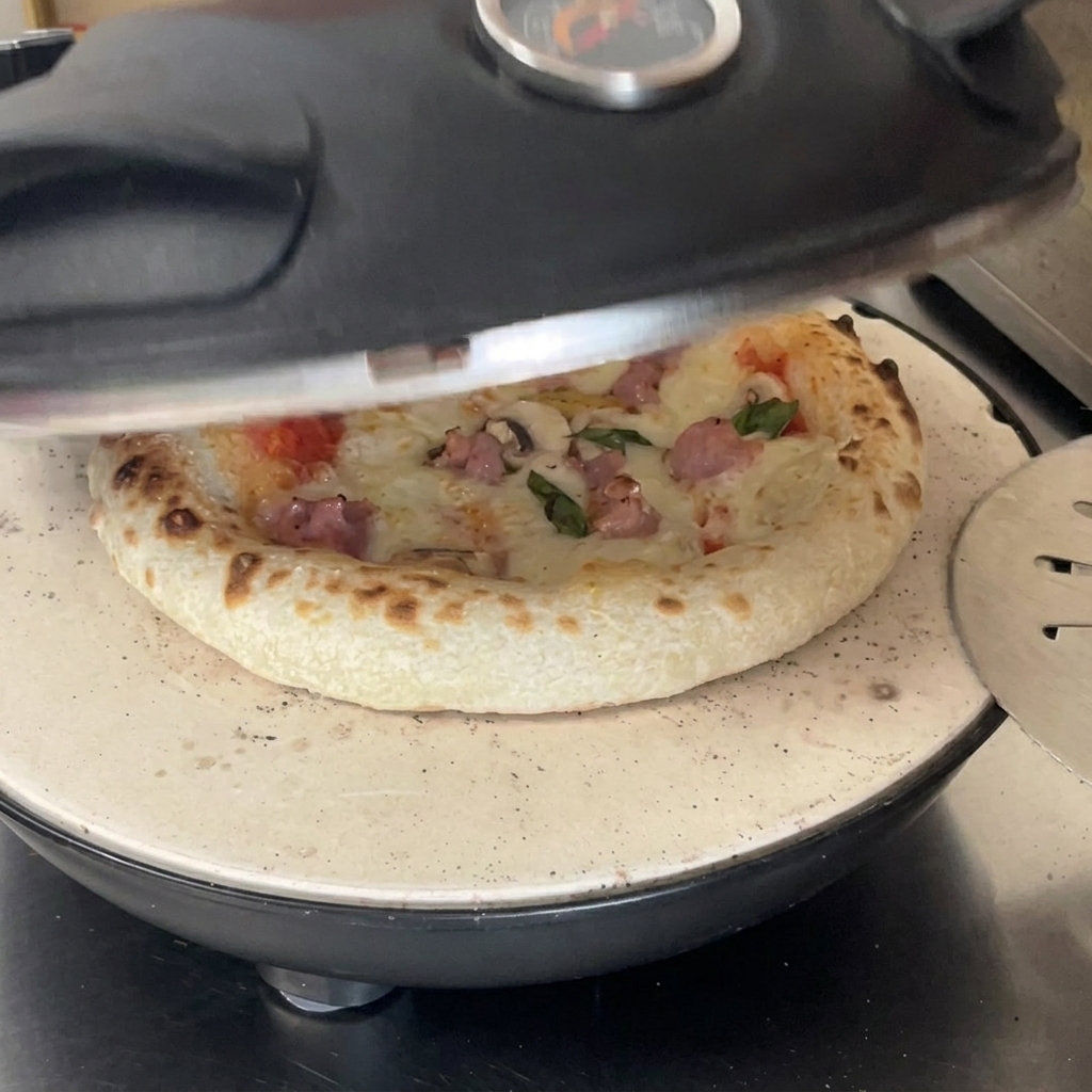 Eine goldbraune Pizza mit sprudelndem Käse auf einem Stein in einem offenen Ofen.