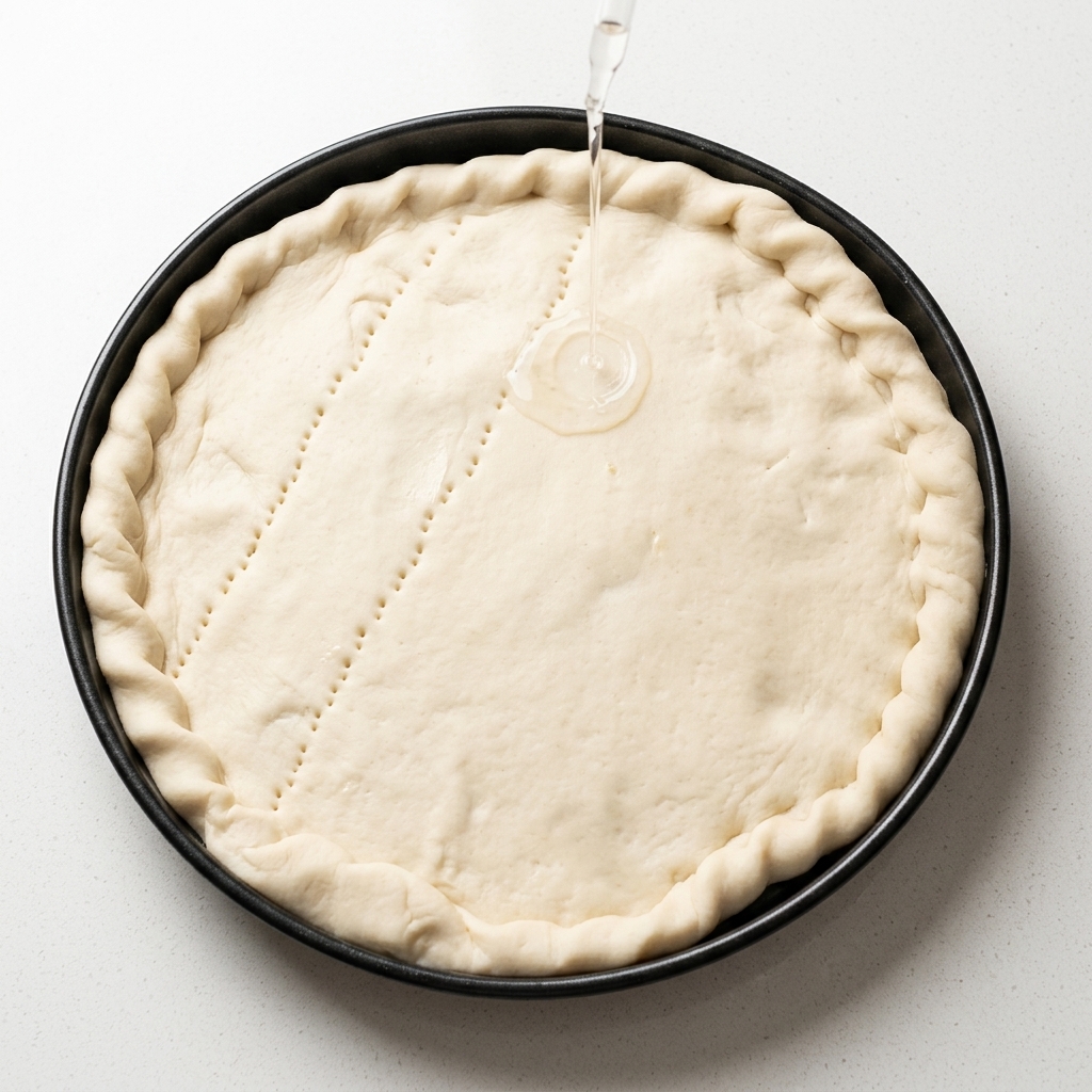 Ein Pizzateig in einer runden Backform wird mit einer Gabel eingestochen.