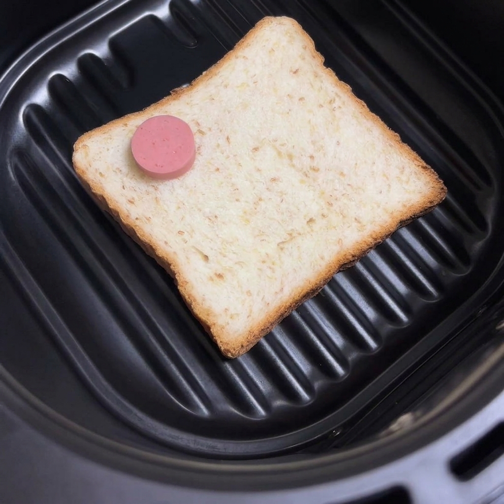 Rosa Würstchenscheiben, die auf dem Weißbrot in der Heißluftfritteuse angeordnet sind.