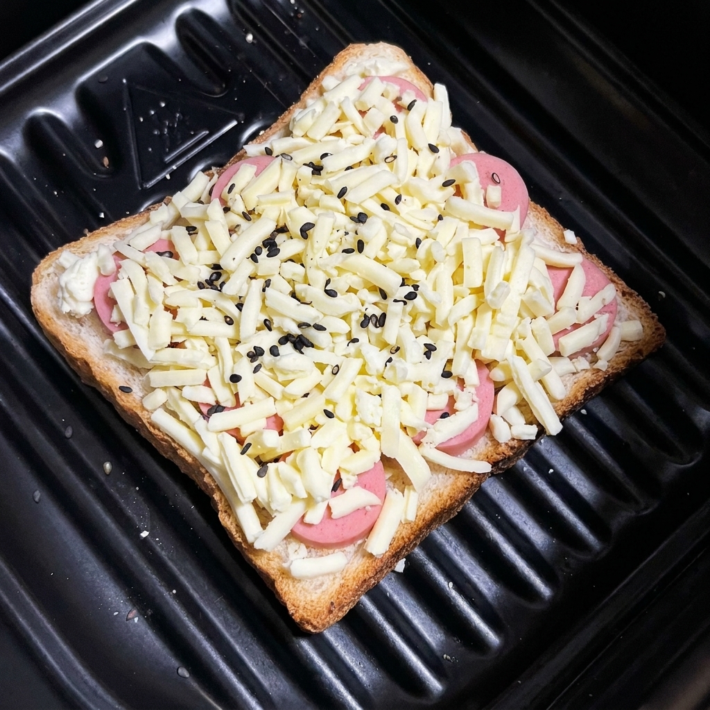 Der fertig belegte Hot Dog und Käse Toast, bestreut mit schwarzem Sesam.