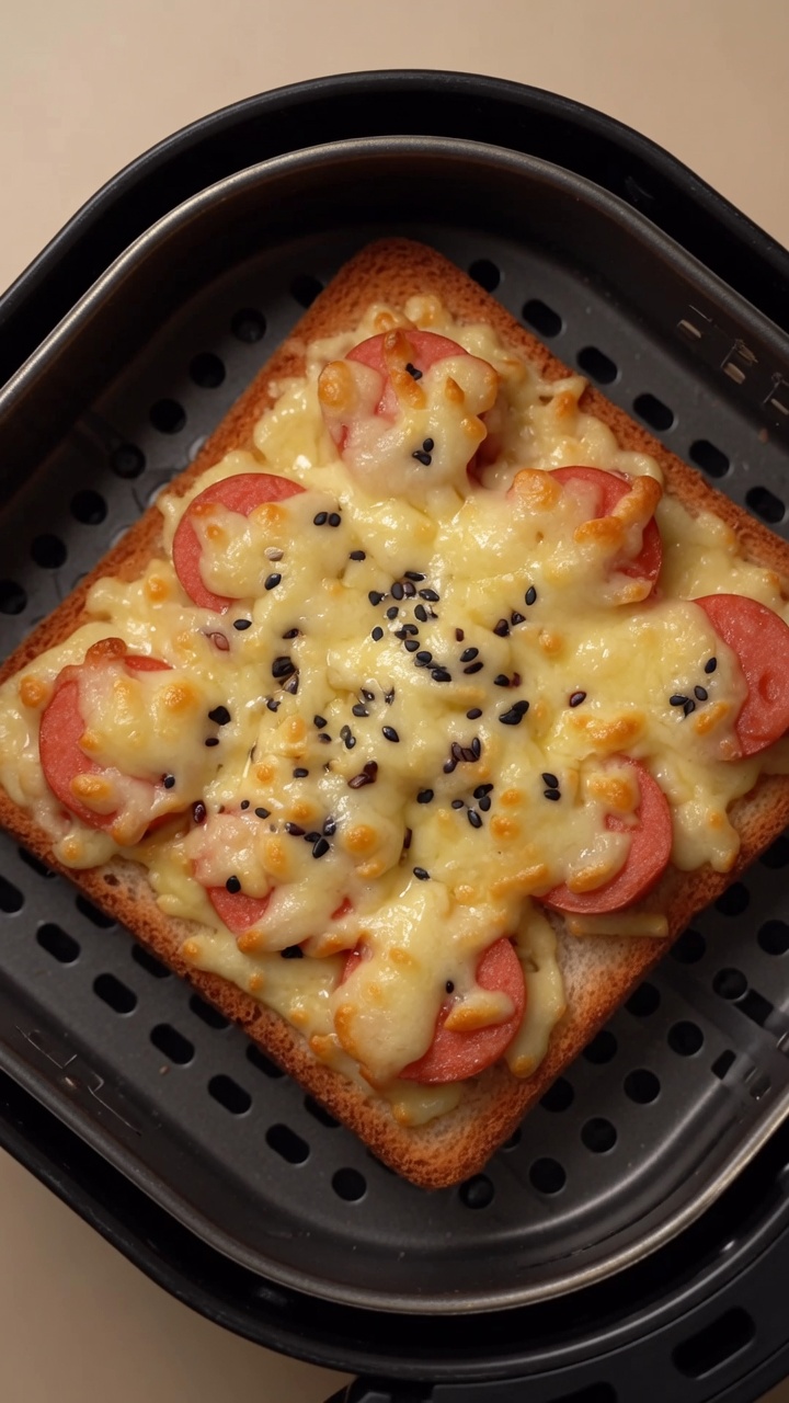Eine frisch gebackene Hot Dog Toast Pizza aus der Heißluftfritteuse, belegt mit geschmolzenem Käse und schwarzem Sesam.