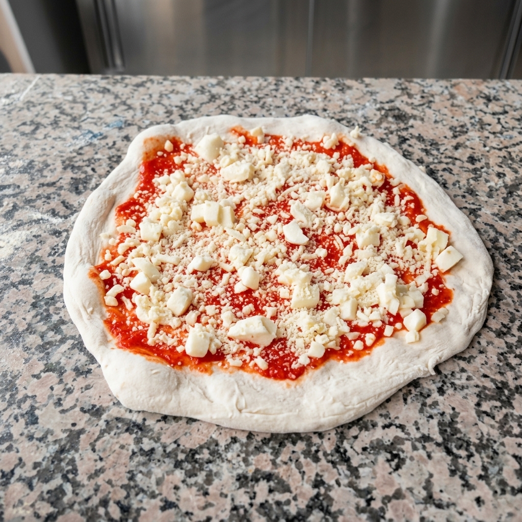Geriebener Hartkäse und Kräuter werden auf der Pizza verteilt.
