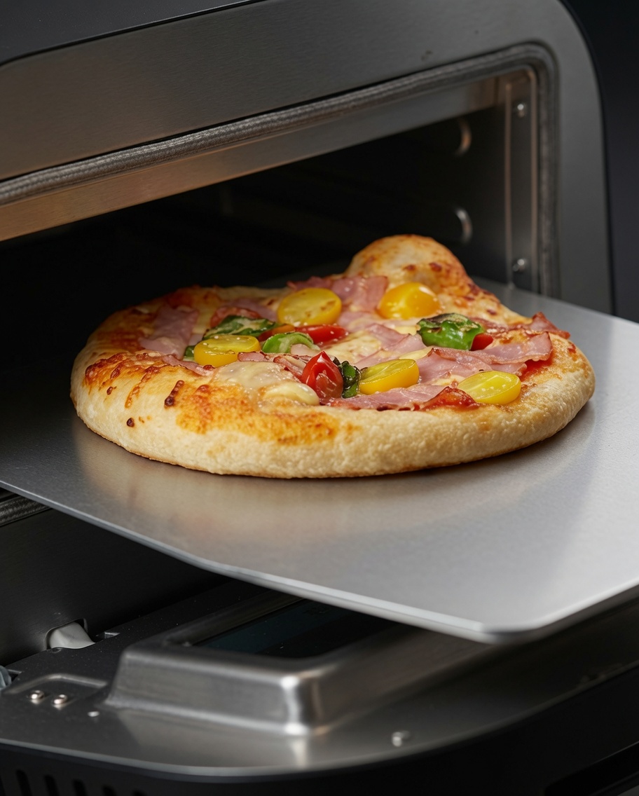 Ein Teigschaber teilt den Pizzateig auf einer mit Maisgrieß bestäubten Fläche.