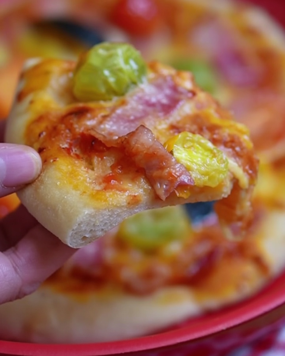 Pizza belegt mit Mozzarella, Tomaten und Speck.