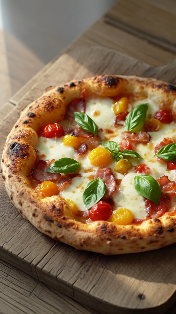 Pizza mit in Öl eingelegten Kirschtomaten und italienischem Speck