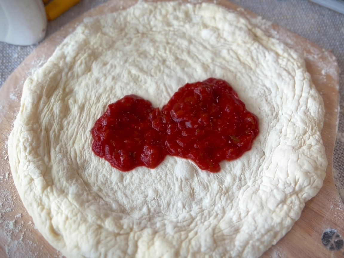 Ein Löffel verteilt rote Marinara-Sauce auf der Mitte eines kreisförmigen Pizzateigbodens.