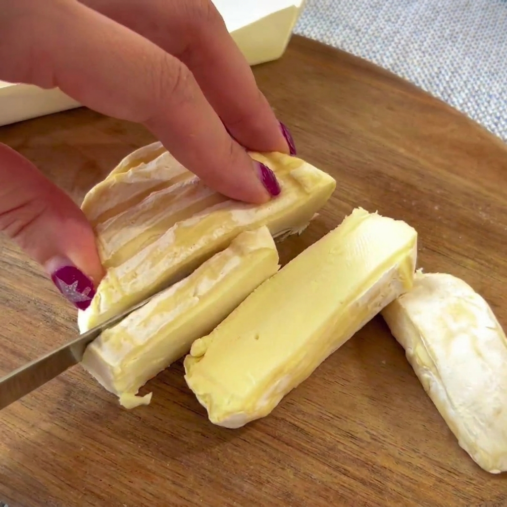 Dicke Scheiben Taleggio-Käse werden auf einer Salamischicht auf dem Pizzateig platziert.