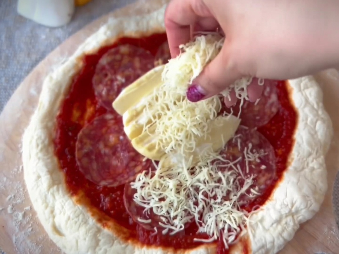 Eine Hand streut geriebenen Mozzarella gleichmäßig über eine Pizza mit Salami und Taleggio.