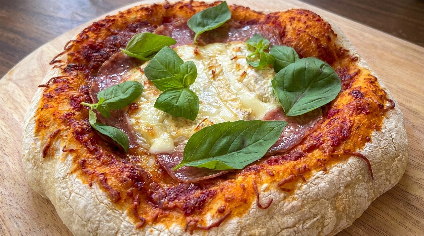 Frisch gebackene Artisan-Pizza mit knusprig-luftigem Rand, cremigem Taleggio, herzhafter Salami und frischem Basilikum.