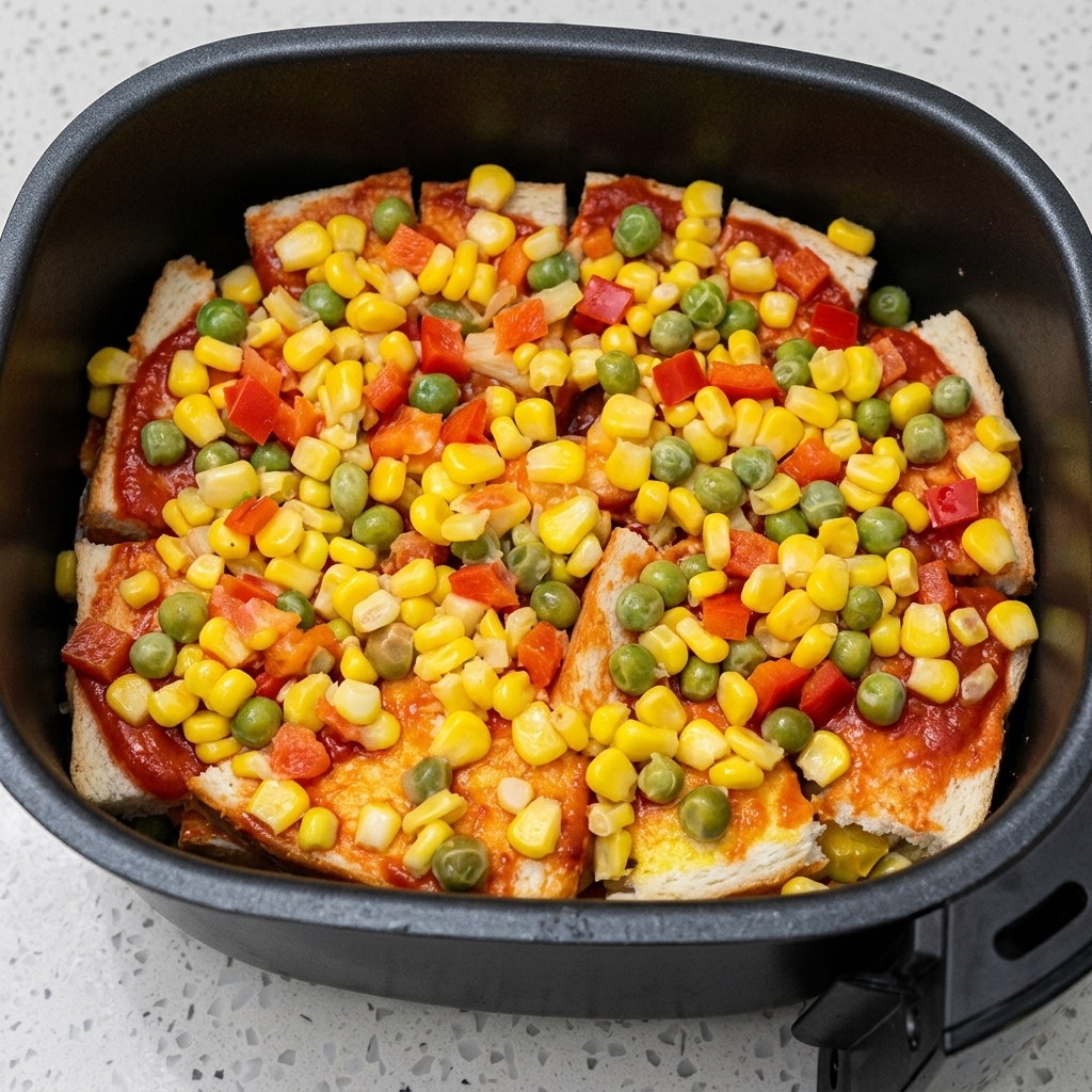 Schinkenscheiben werden auf die Gemüseschicht im Airfryer-Korb gelegt.
