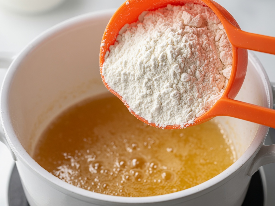 Mehl wird mit einem Schneebesen in die geschmolzene Butter eingerührt.