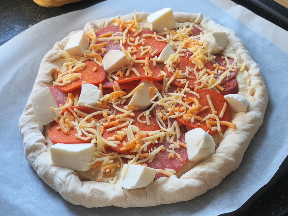 Die belegte Pizza auf Backpapier, bereit zum Backen im Ofen.