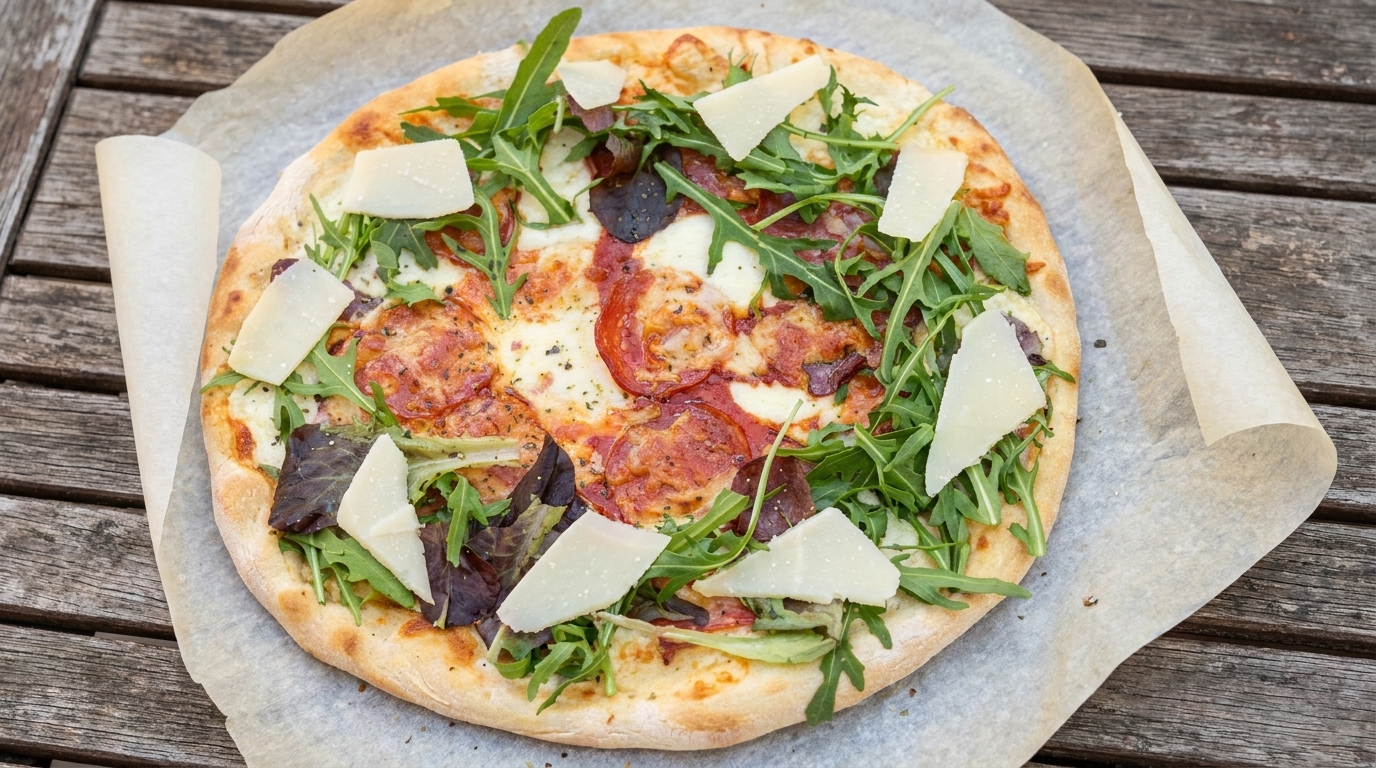 Hausgemachte Pizza Bianca mit pikanter Salami