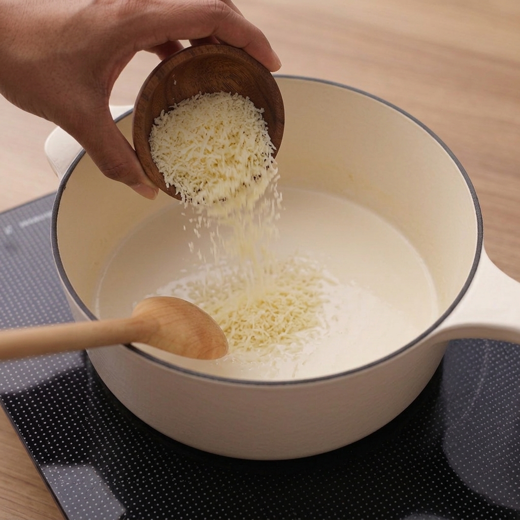 Geriebener Parmesan fällt aus einer kleinen Holzschale in eine cremige weiße Soße.
