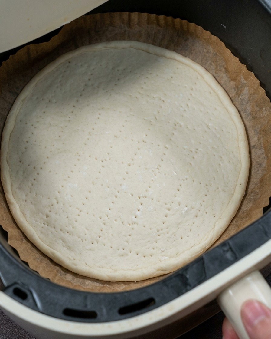 Ein Airfryer-Korb mit dem rohen, gelochten Teigboden wird in den Airfryer geschoben.