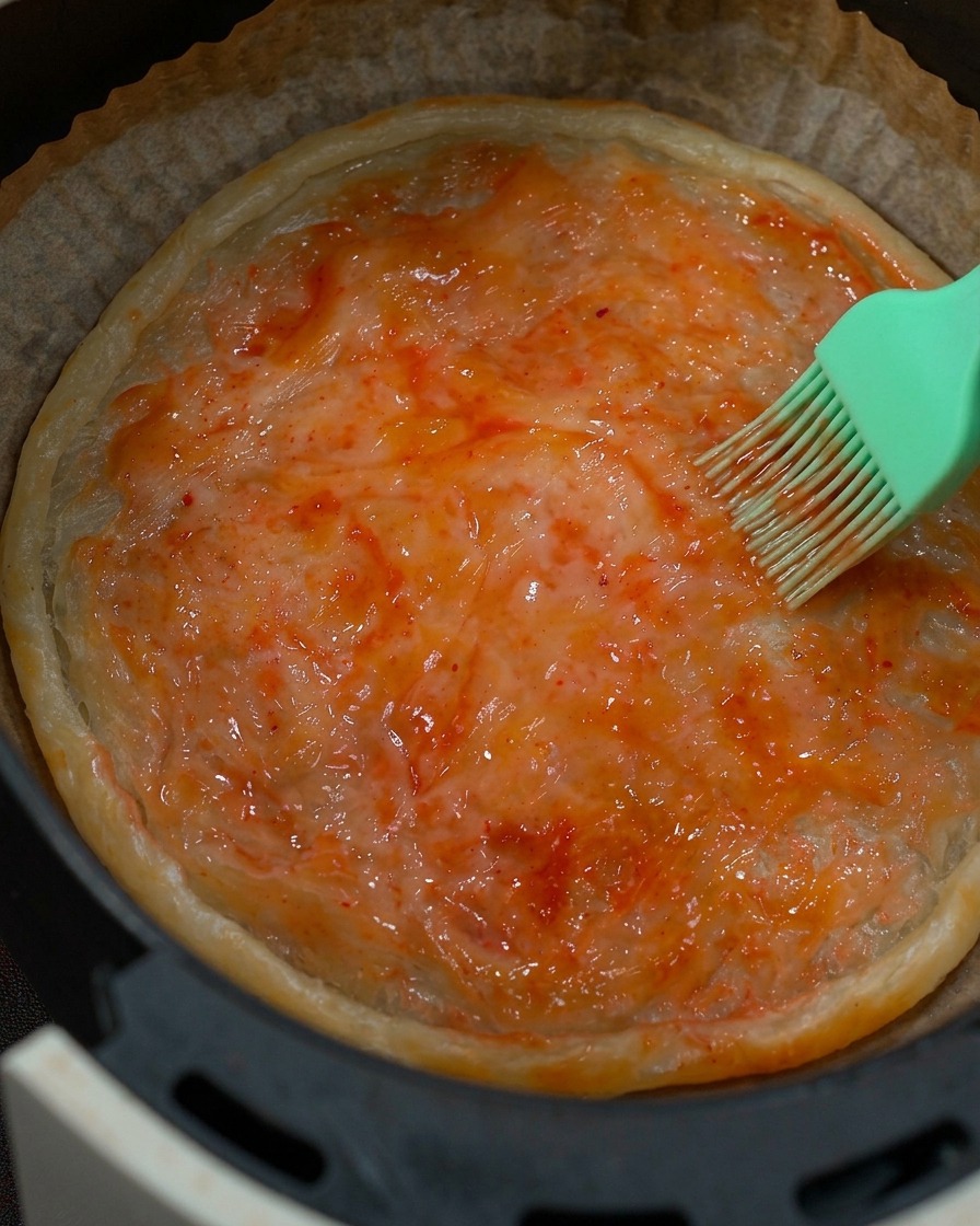 Ein grüner Silikonpinsel verteilt leuchtend rote Tomatensauce auf der Oberfläche des goldbraunen Bodens.