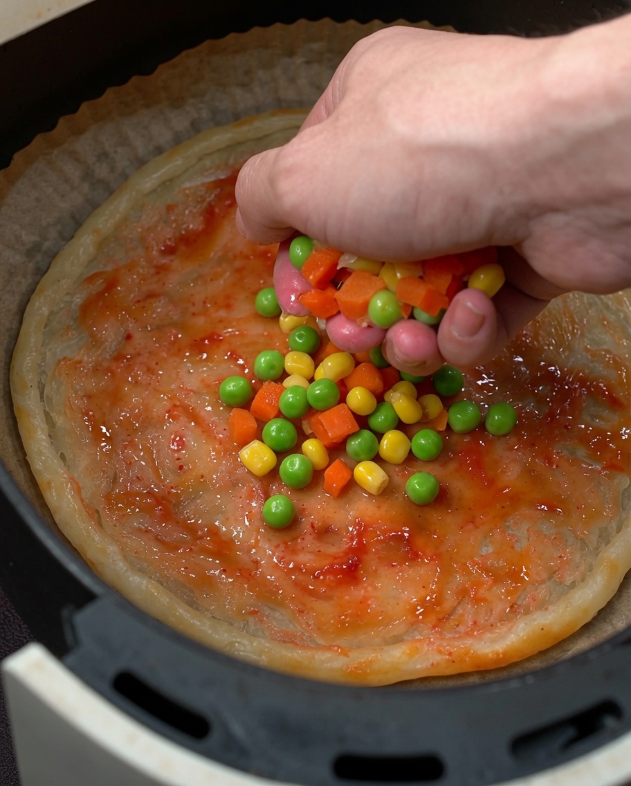 Eine Hand streut bunte Gemüsemischung, darunter Karottenwürfel, Erbsen und Mais, auf die bestrichene Pizza.