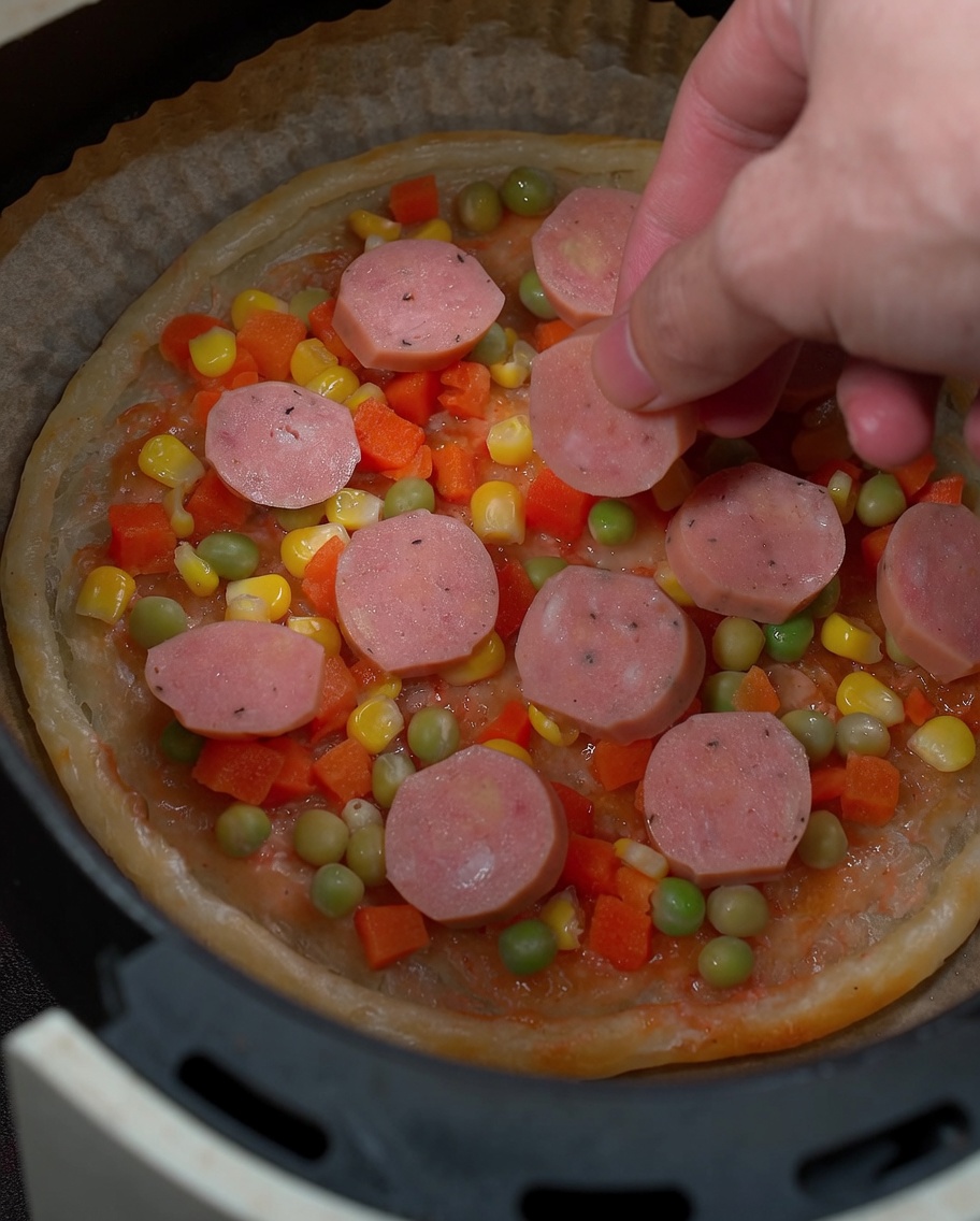 Eine Hand platziert rosa Wurstscheiben auf dem mit Gemüse belegten Pizzaboden.