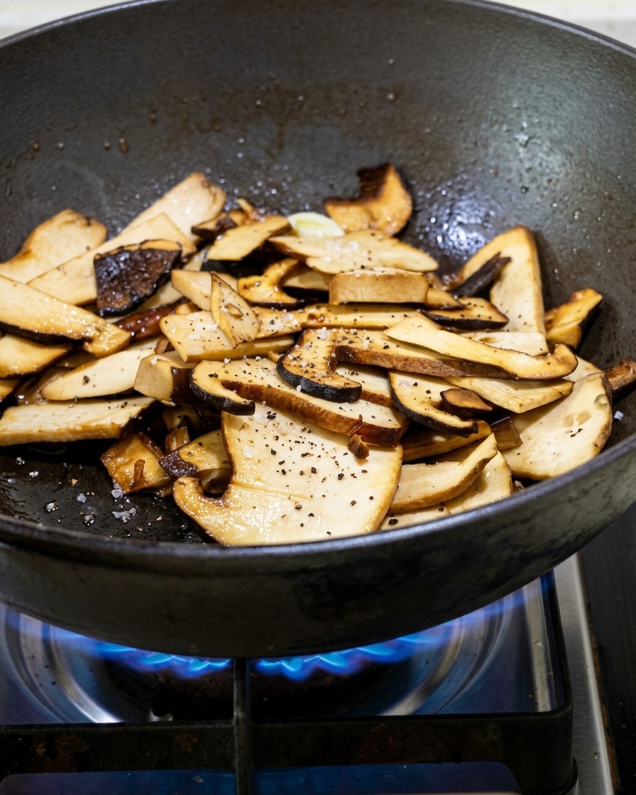 Geschnittene Pilze braten mit Knoblauch und Gewürzen in einer heißen Pfanne.