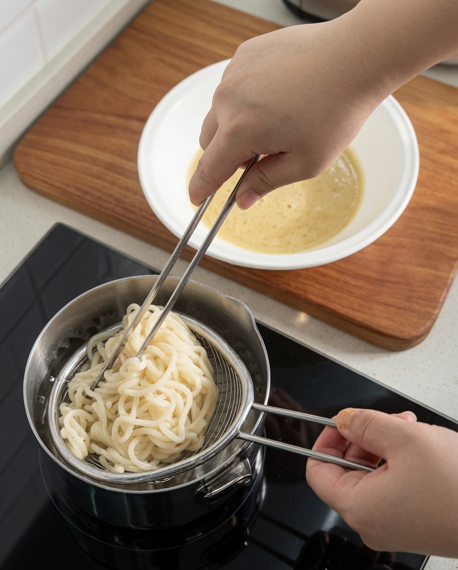 Gekochte Ramen-Nudeln werden mit einem Metallsieb aus einem Topf gehoben und in die vorbereitete Suppenschüssel gegeben.