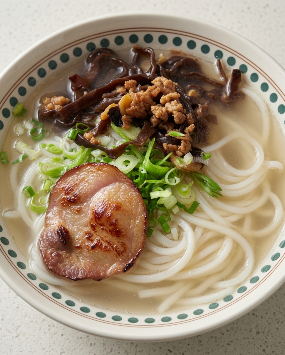 Nahaufnahme einer Ramen-Schüssel mit Nudeln, Pilzen, Fleisch und Chashu.