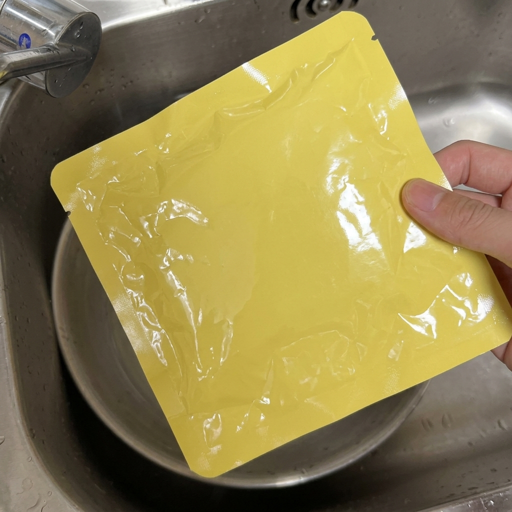 Vakuumierte Schweinefleischpakete in einer Metallschüssel mit heißem Wasser.