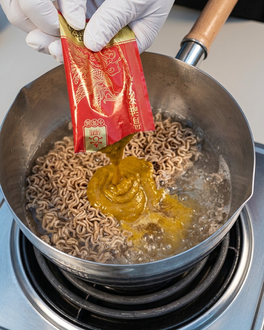 Japanische Schweineknochen-Suppenbasis wird aus einer Packung in kochendes Wasser gedrückt.