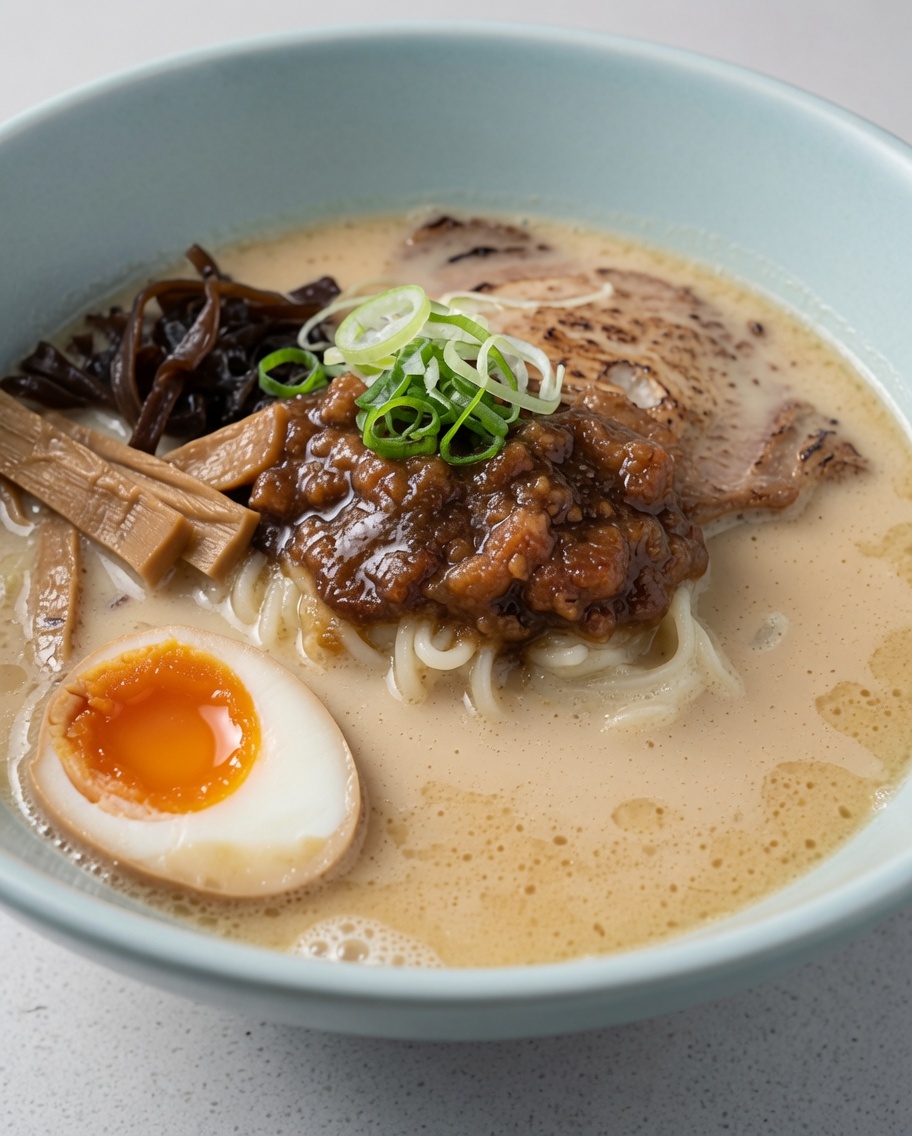 Fertige Ramen-Schüssel, garniert mit Frühlingszwiebeln, Röstzwiebeln und Nori-Algenblättern.