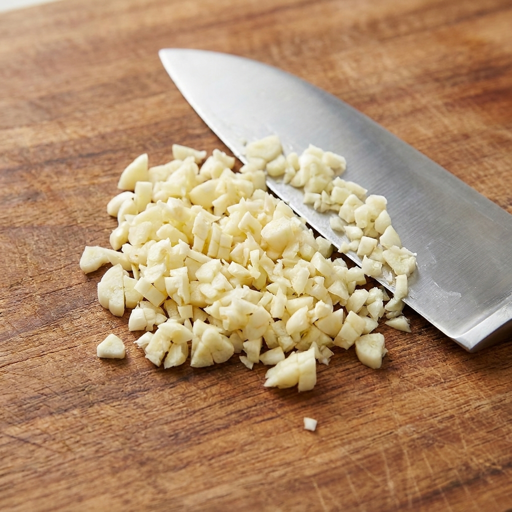 Ein kleiner Haufen fein gehackter Knoblauch auf einem Holzschneidebrett neben einem Kochmesser.