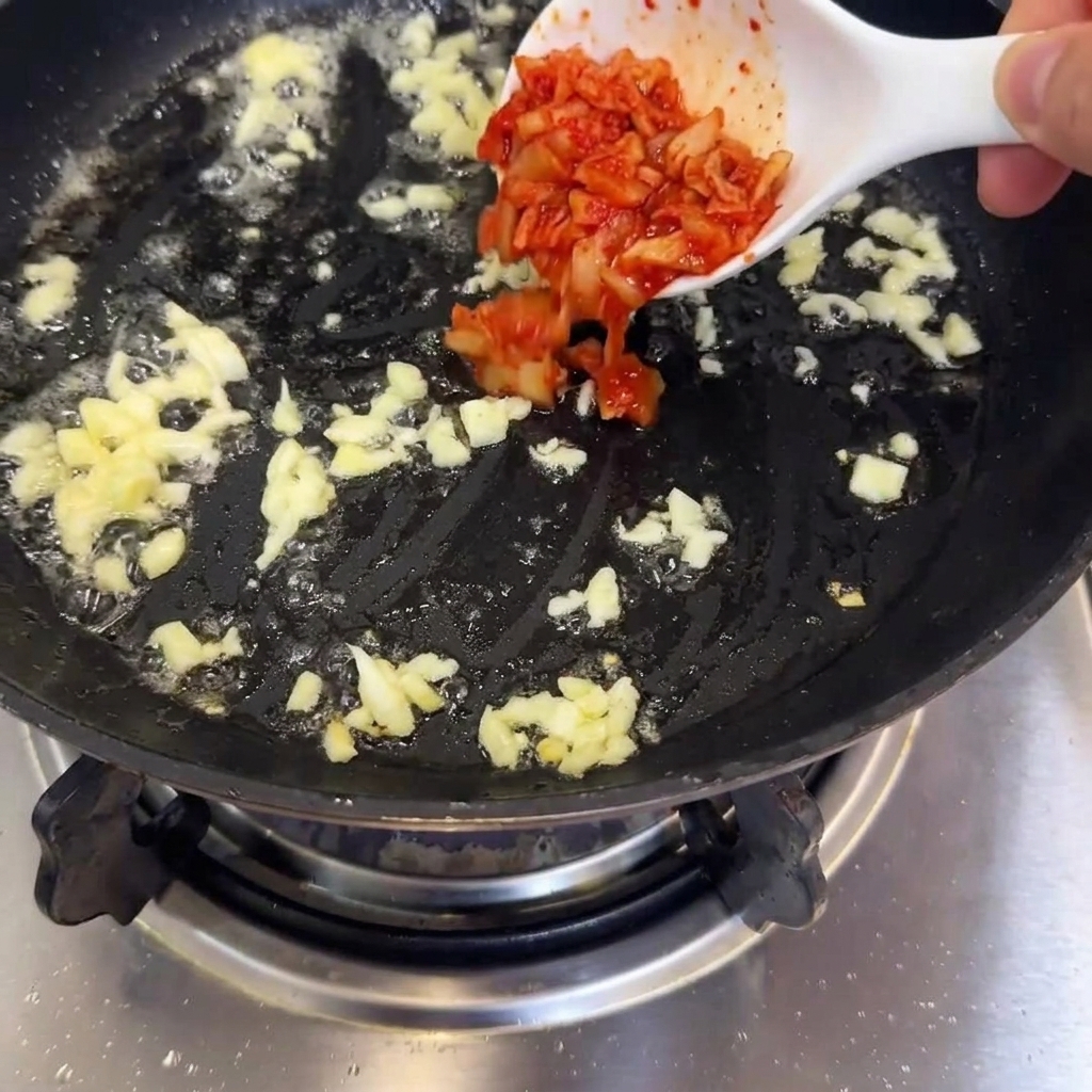 Kimchi-Stücke werden in eine Pfanne mit goldbraun angebratenem Knoblauch gegeben.