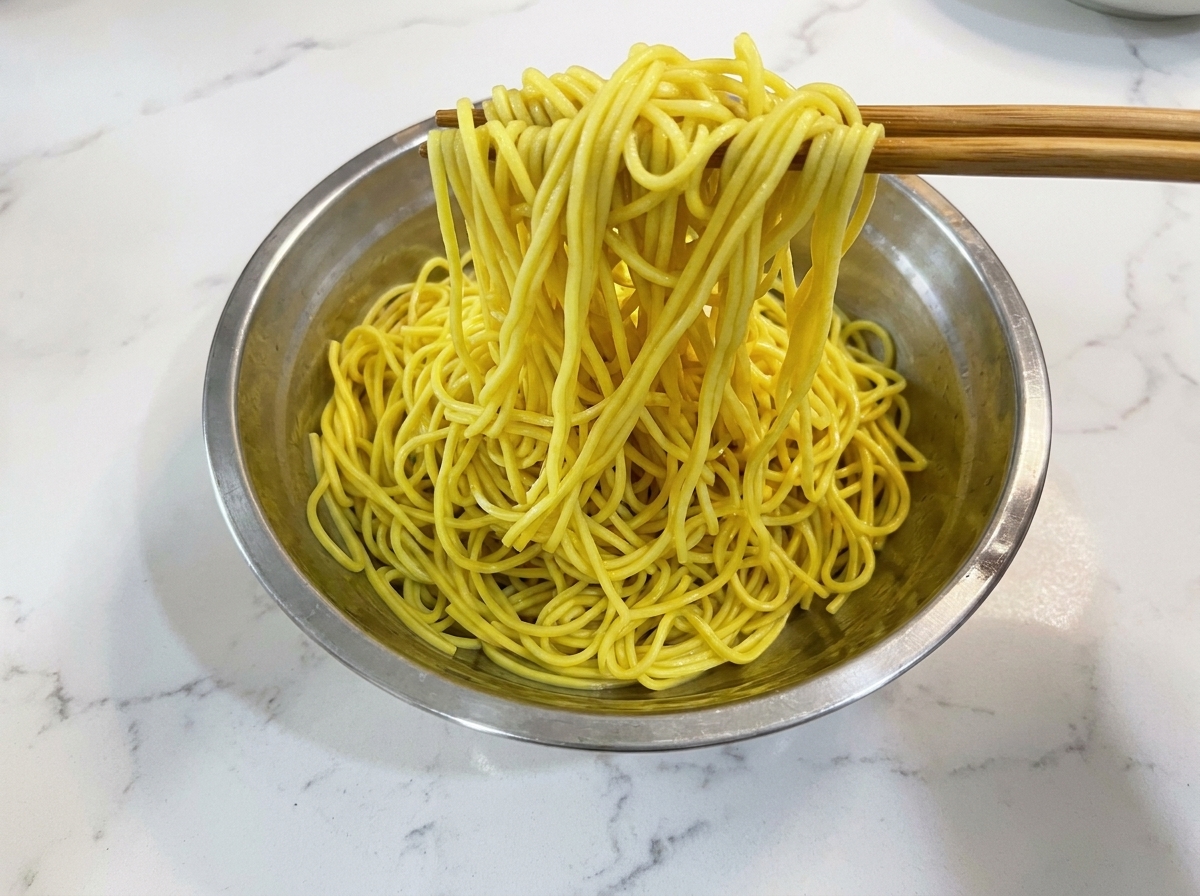 Eine große Portion gelbe Nudeln wird in die Pfanne gegeben, um sie mit Speck und Gemüse zu vermengen.
