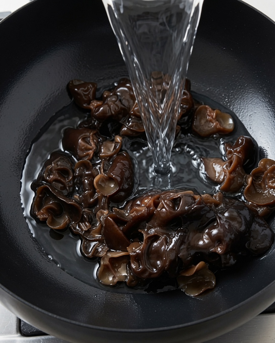 Wasser wird in einen Topf mit Mu-Err-Pilzen gegossen.