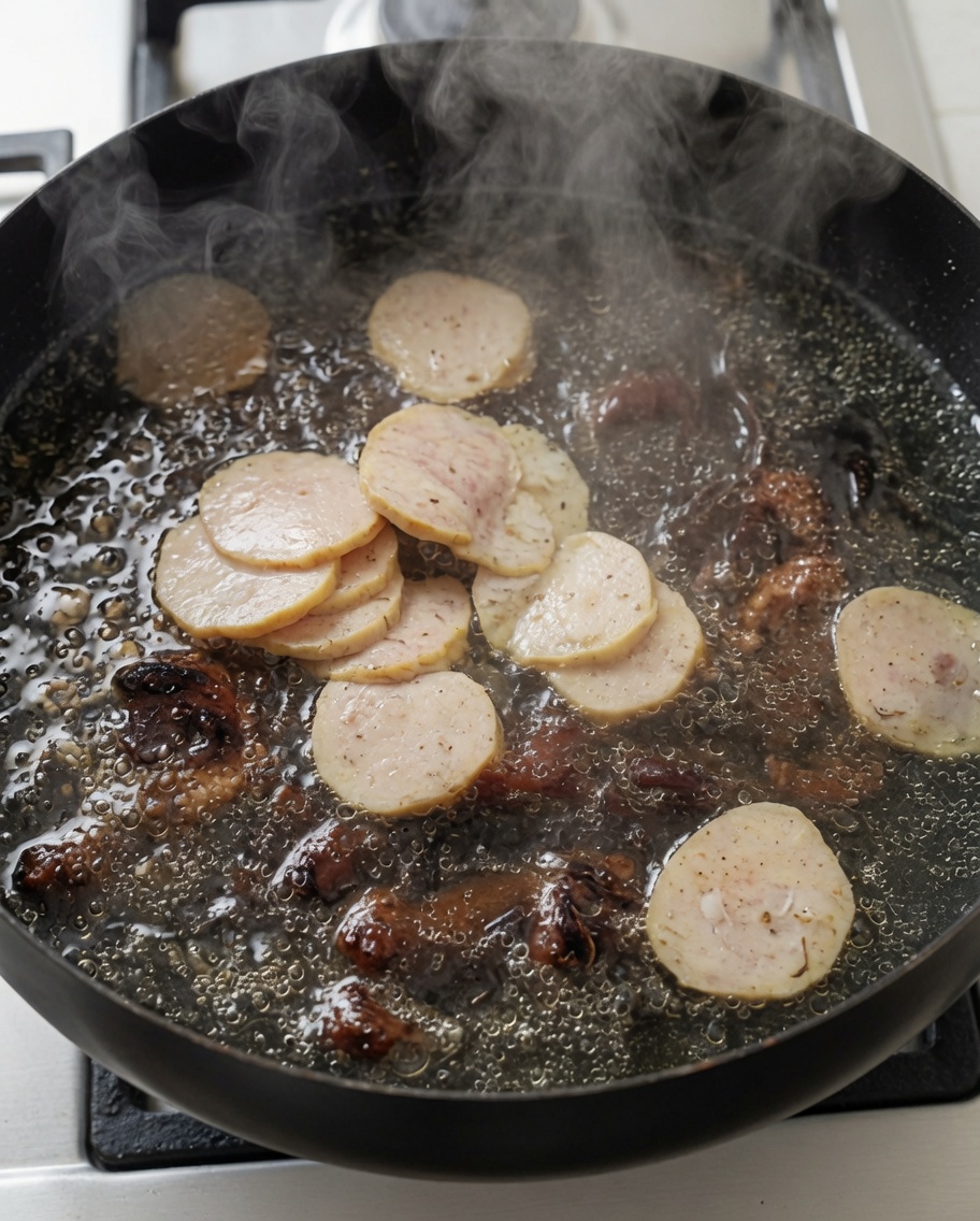 Fischbällchen und Wurststreifen werden in die kochende Suppe gegeben.