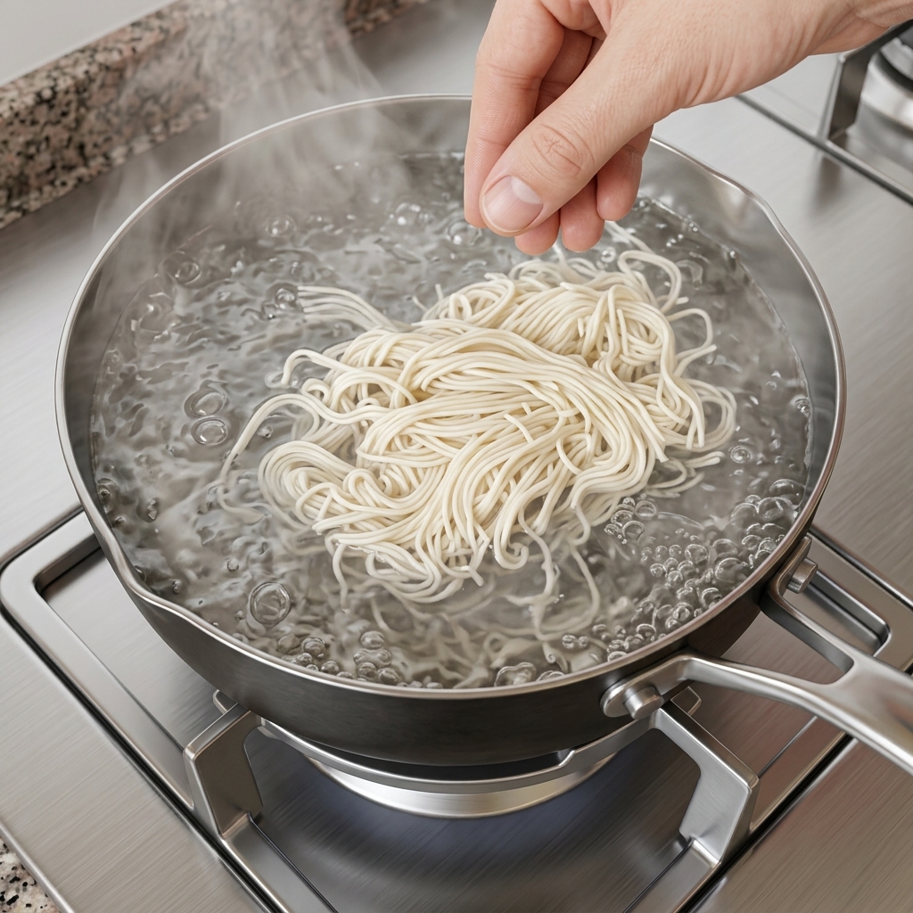 Frische, dünne Nudeln kochen in einem Topf mit Wasser.