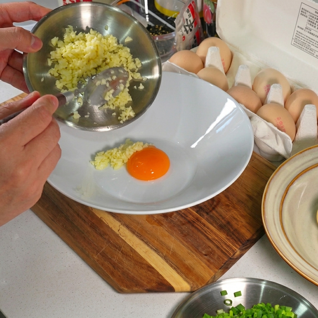 Eine Schüssel mit einem Eigelb, umgeben von gehacktem Knoblauch, Frühlingszwiebeln, einem Päckchen Ramen-Gewürz und einem Klecks Mayonnaise.