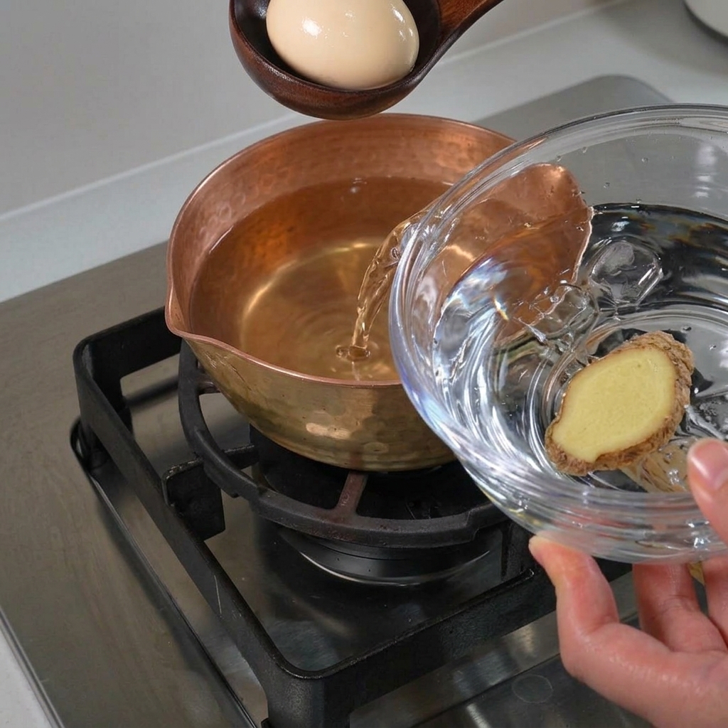 Ein Ei wird in eine mit Eiswürfeln gefüllte Schüssel mit kaltem Wasser gelegt, um den Garprozess zu stoppen.