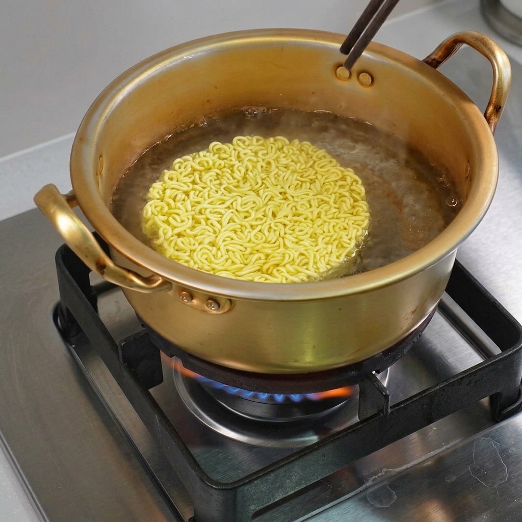 Ramen-Nudeln kochen in einem traditionellen goldfarbenen Metall-Ramentopf auf einem Herd.