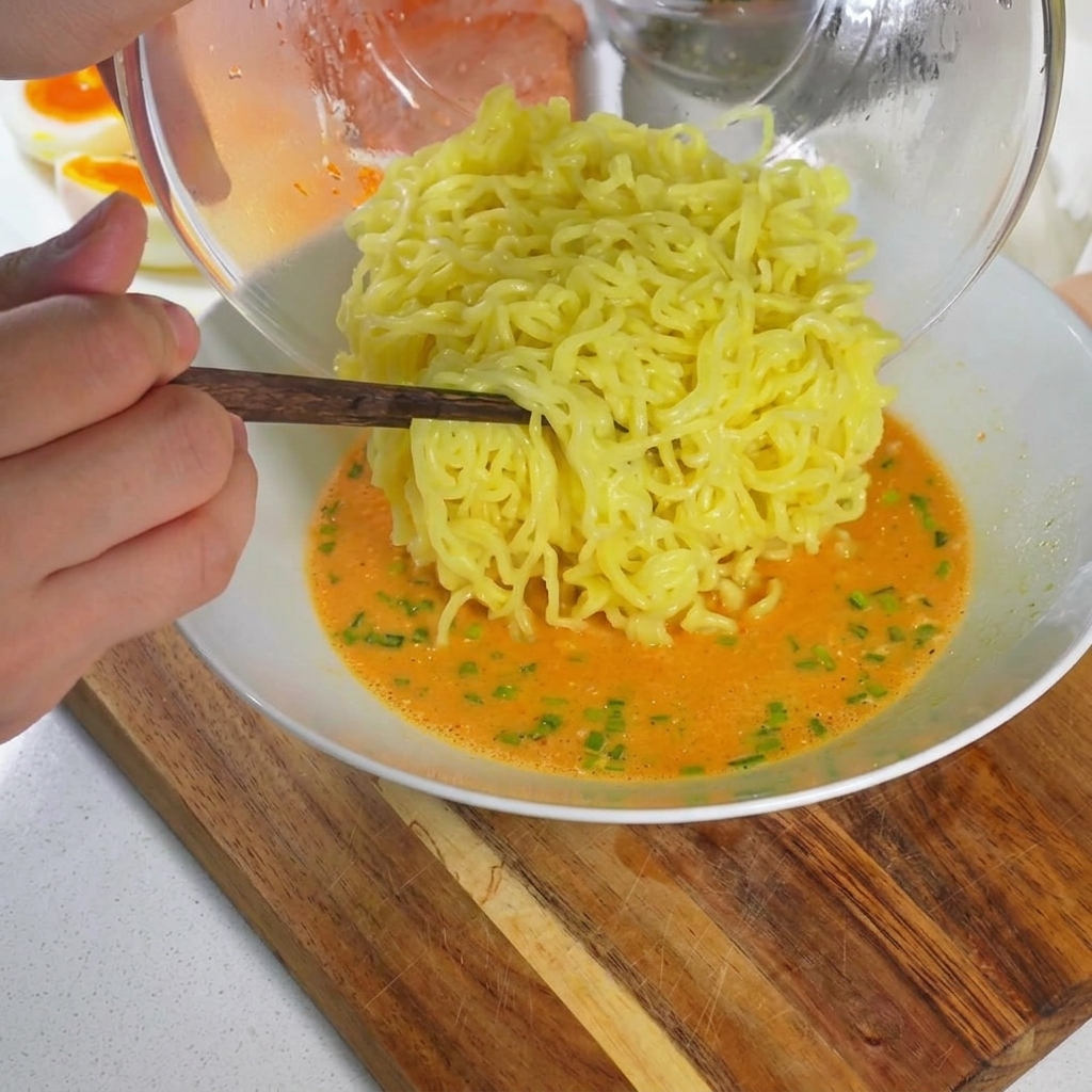 Gekochte Ramen-Nudeln werden mit Essstäbchen angehoben und in eine Schüssel mit cremiger Suppe gegeben.