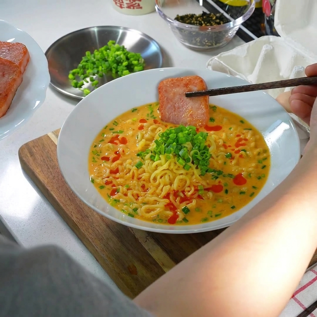 Eine Schüssel Ramen garniert mit goldbraun gebratenem SPAM, einem halbierten wachsweichen Ei und bestreut mit gehackten Frühlingszwiebeln und Chiliöl.