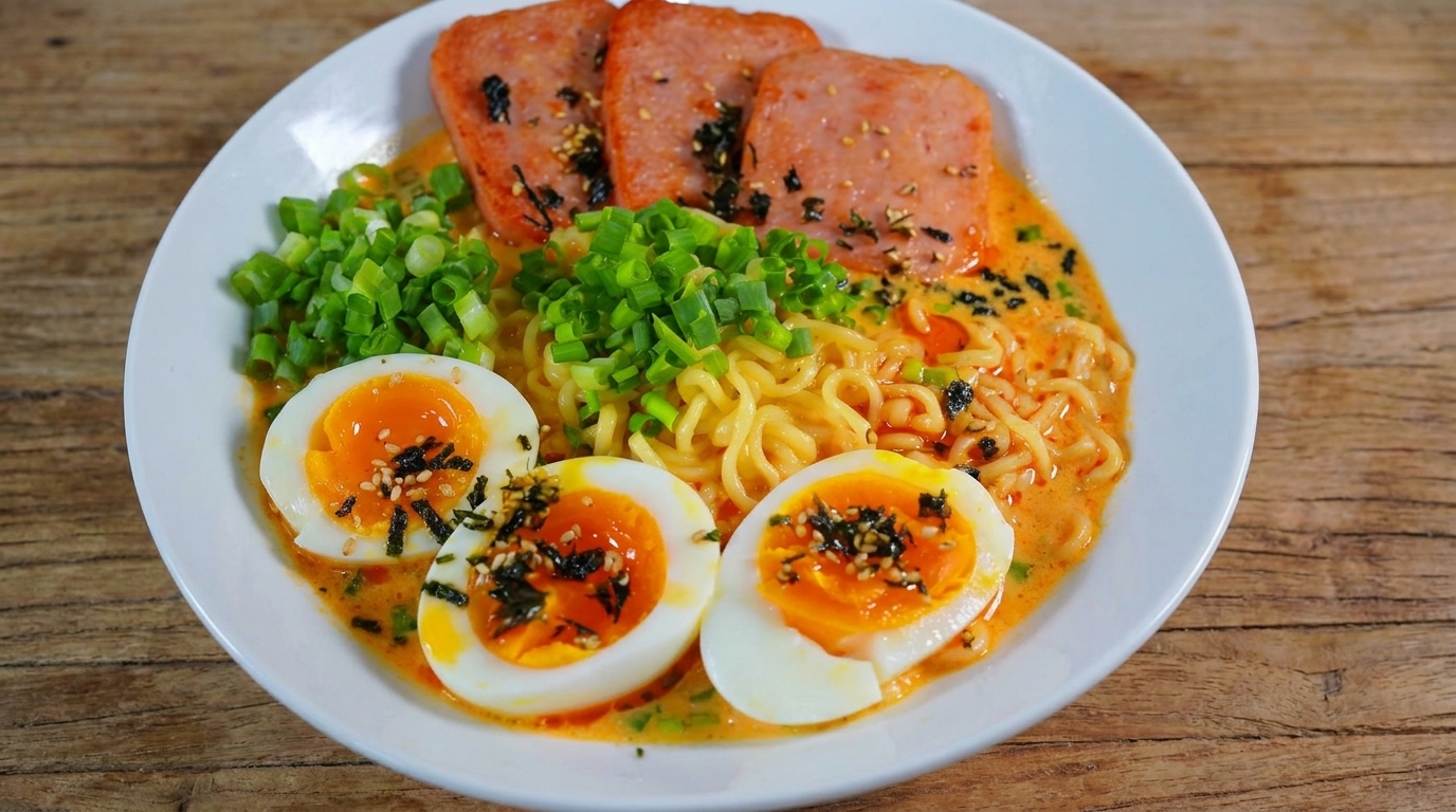 Cremige Ramen mit gebratenem SPAM und wachsweichem Ei
